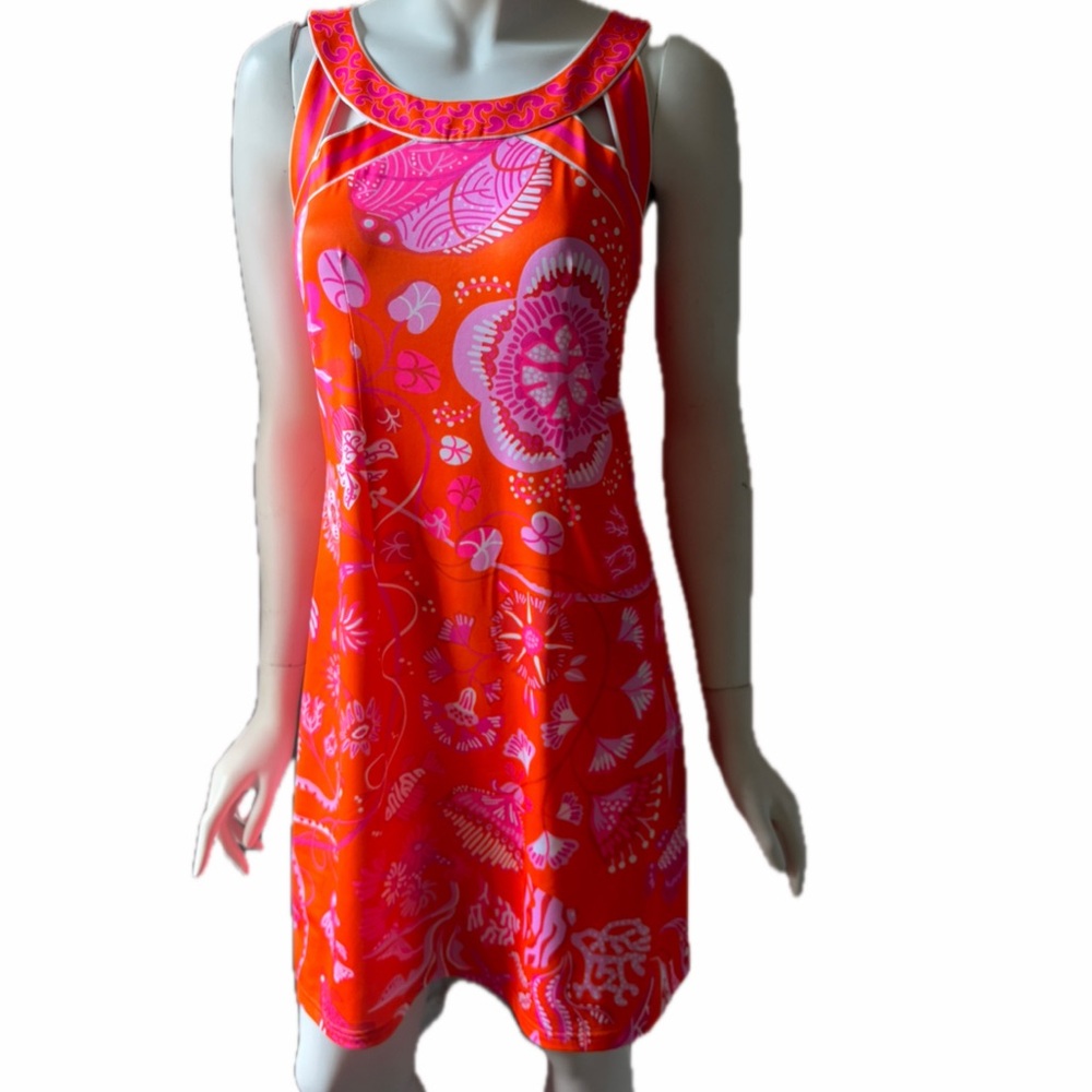 Gretchen Scott Sleeveless A line Dress cutout floral colorful tropical summer md